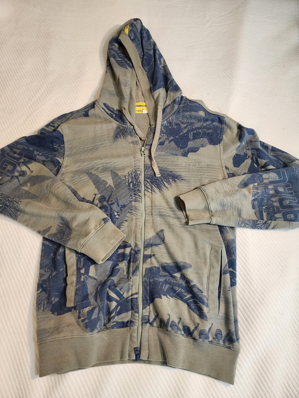 Vintage Analog Grey and Blue Printed Zip-Up Hoodie Jacket